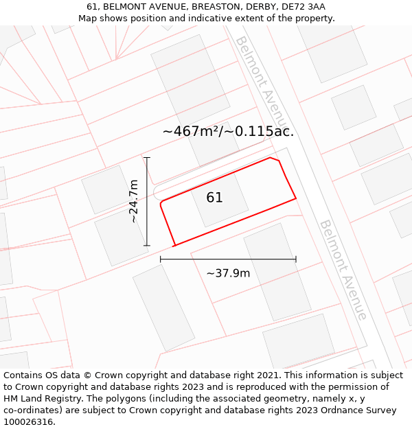 61, BELMONT AVENUE, BREASTON, DERBY, DE72 3AA: Plot and title map