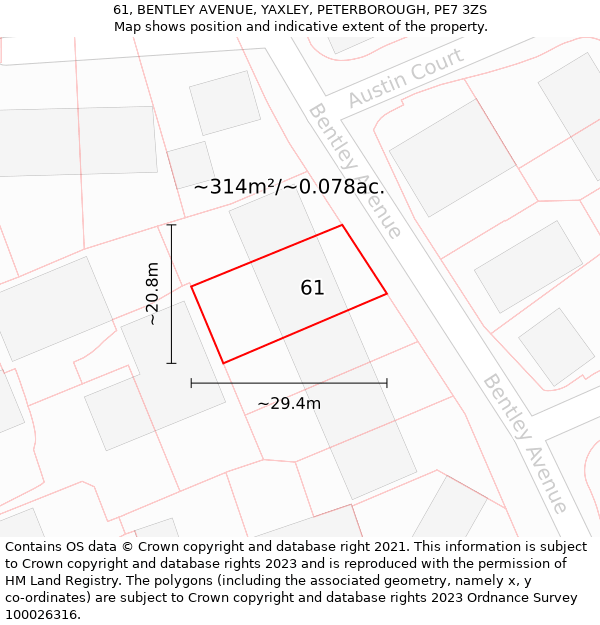 61, BENTLEY AVENUE, YAXLEY, PETERBOROUGH, PE7 3ZS: Plot and title map