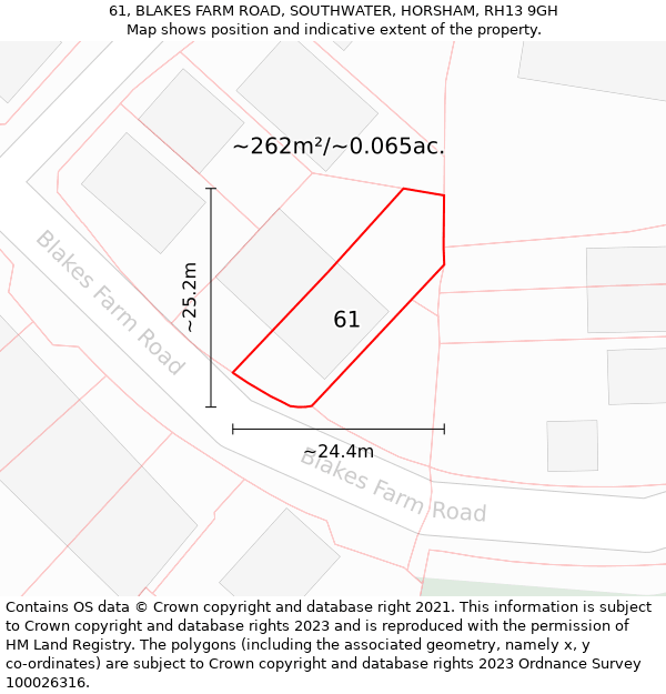 61, BLAKES FARM ROAD, SOUTHWATER, HORSHAM, RH13 9GH: Plot and title map