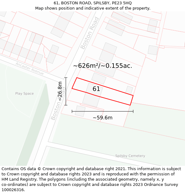 61, BOSTON ROAD, SPILSBY, PE23 5HQ: Plot and title map