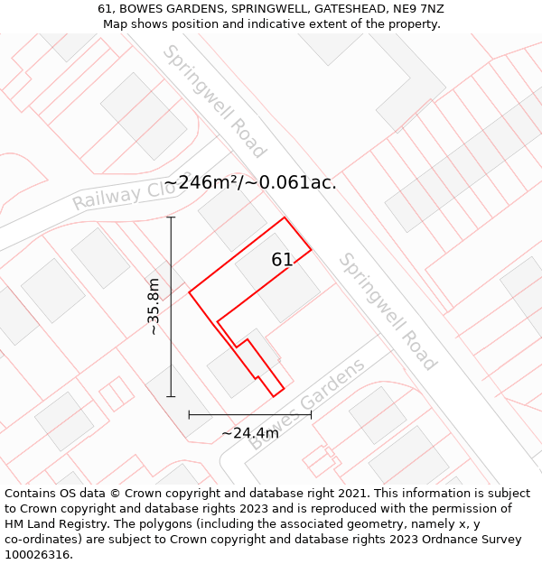 61, BOWES GARDENS, SPRINGWELL, GATESHEAD, NE9 7NZ: Plot and title map