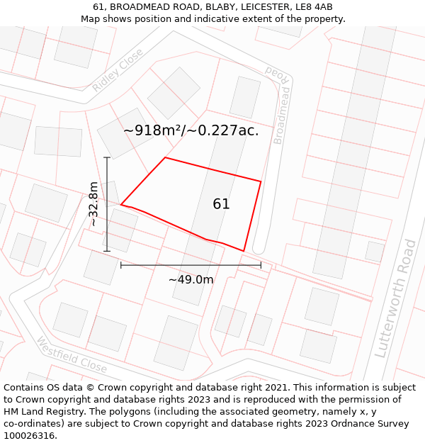 61, BROADMEAD ROAD, BLABY, LEICESTER, LE8 4AB: Plot and title map