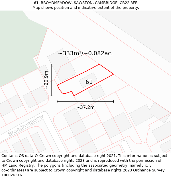 61, BROADMEADOW, SAWSTON, CAMBRIDGE, CB22 3EB: Plot and title map