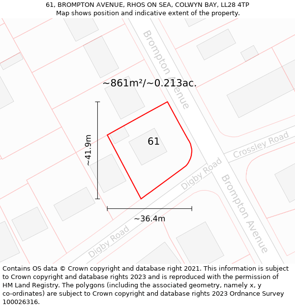 61, BROMPTON AVENUE, RHOS ON SEA, COLWYN BAY, LL28 4TP: Plot and title map