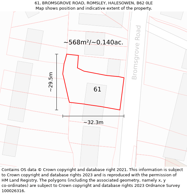 61, BROMSGROVE ROAD, ROMSLEY, HALESOWEN, B62 0LE: Plot and title map