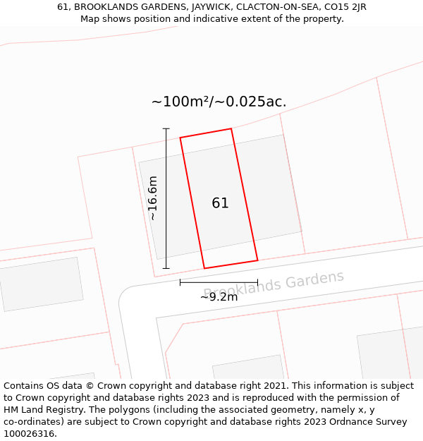 61, BROOKLANDS GARDENS, JAYWICK, CLACTON-ON-SEA, CO15 2JR: Plot and title map