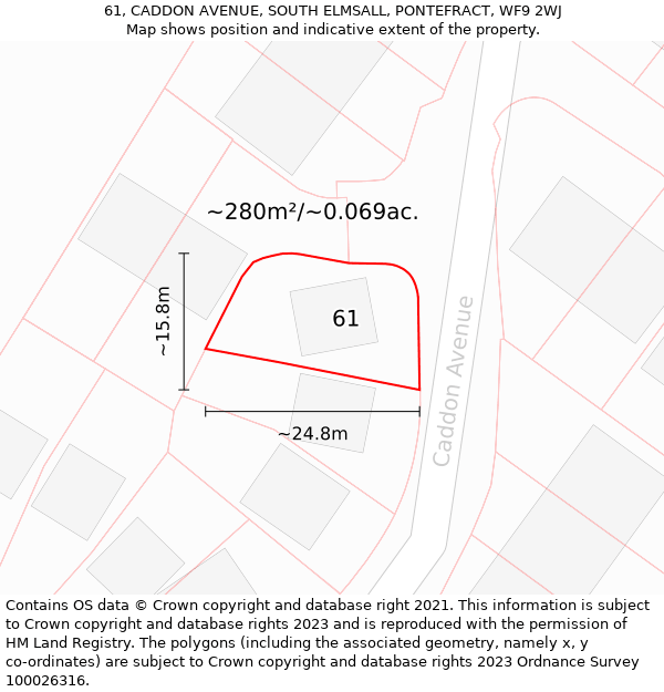 61, CADDON AVENUE, SOUTH ELMSALL, PONTEFRACT, WF9 2WJ: Plot and title map