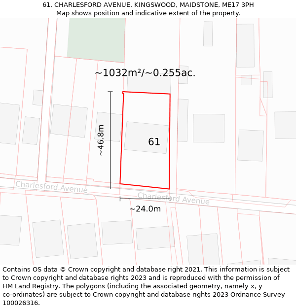 61, CHARLESFORD AVENUE, KINGSWOOD, MAIDSTONE, ME17 3PH: Plot and title map