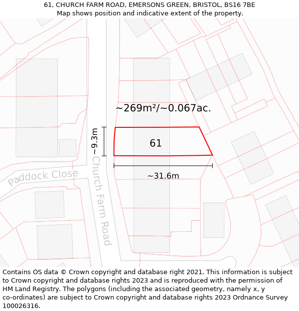 61, CHURCH FARM ROAD, EMERSONS GREEN, BRISTOL, BS16 7BE: Plot and title map