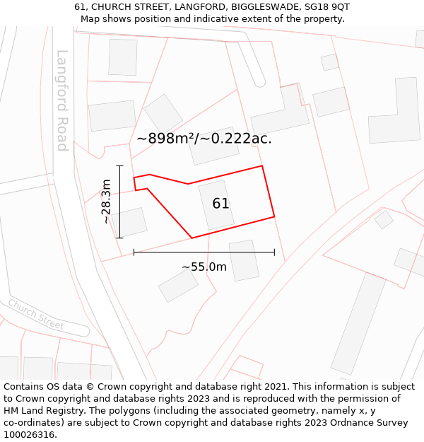 61, CHURCH STREET, LANGFORD, BIGGLESWADE, SG18 9QT: Plot and title map