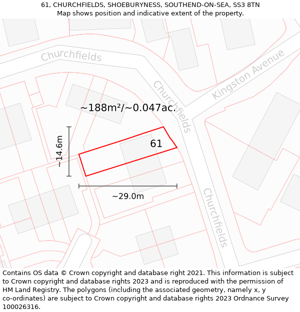 61, CHURCHFIELDS, SHOEBURYNESS, SOUTHEND-ON-SEA, SS3 8TN: Plot and title map