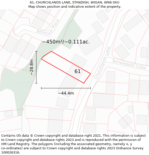 61, CHURCHLANDS LANE, STANDISH, WIGAN, WN6 0XU: Plot and title map