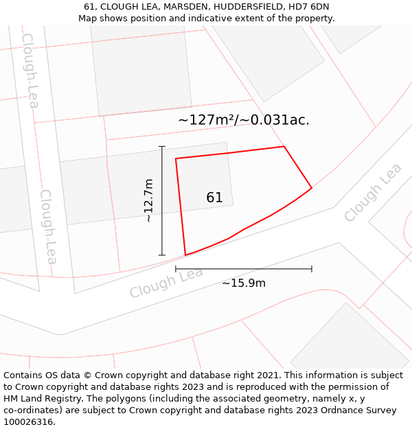 61, CLOUGH LEA, MARSDEN, HUDDERSFIELD, HD7 6DN: Plot and title map