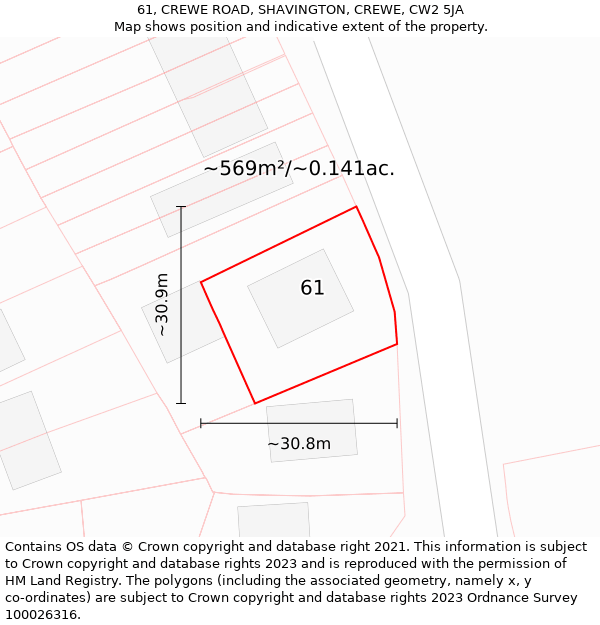 61, CREWE ROAD, SHAVINGTON, CREWE, CW2 5JA: Plot and title map