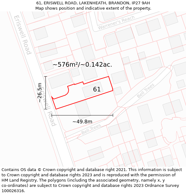 61, ERISWELL ROAD, LAKENHEATH, BRANDON, IP27 9AH: Plot and title map