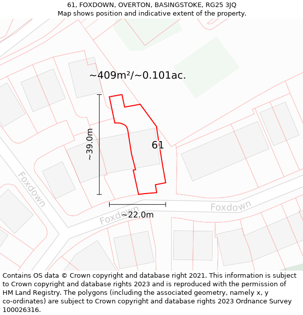 61, FOXDOWN, OVERTON, BASINGSTOKE, RG25 3JQ: Plot and title map