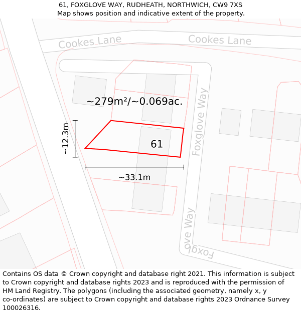 61, FOXGLOVE WAY, RUDHEATH, NORTHWICH, CW9 7XS: Plot and title map