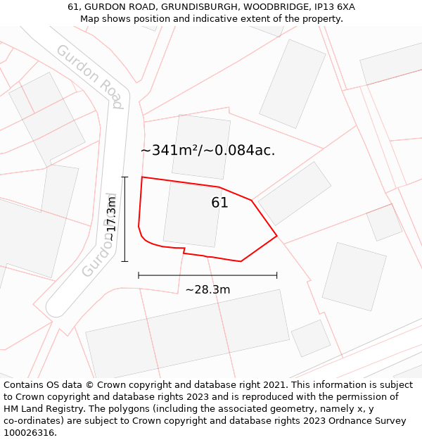 61, GURDON ROAD, GRUNDISBURGH, WOODBRIDGE, IP13 6XA: Plot and title map