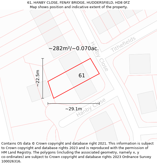 61, HANBY CLOSE, FENAY BRIDGE, HUDDERSFIELD, HD8 0FZ: Plot and title map