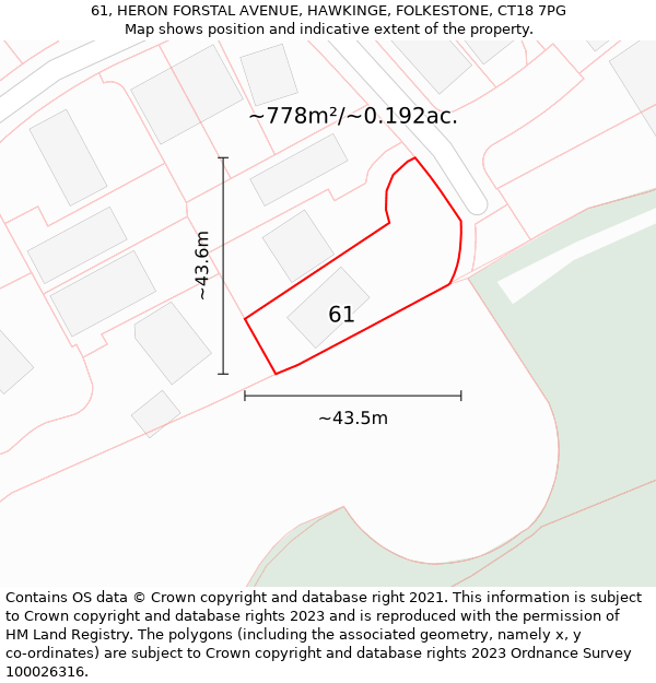 61, HERON FORSTAL AVENUE, HAWKINGE, FOLKESTONE, CT18 7PG: Plot and title map