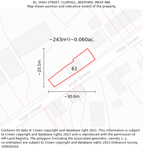 61, HIGH STREET, CLOPHILL, BEDFORD, MK45 4BE: Plot and title map