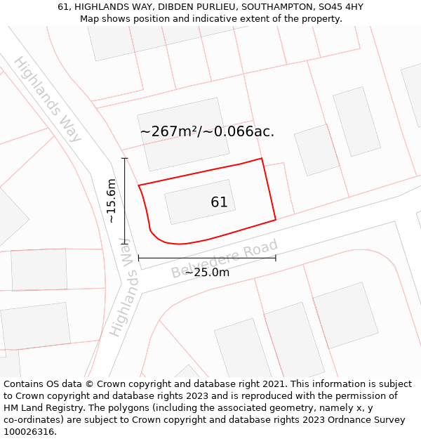 61, HIGHLANDS WAY, DIBDEN PURLIEU, SOUTHAMPTON, SO45 4HY: Plot and title map