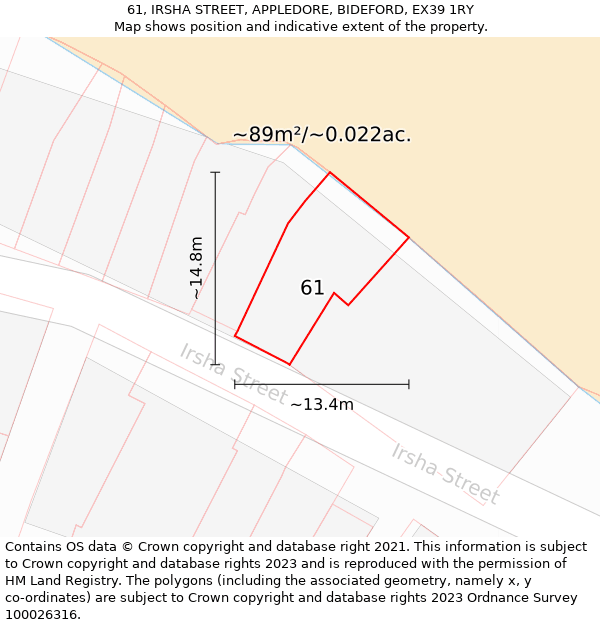 61, IRSHA STREET, APPLEDORE, BIDEFORD, EX39 1RY: Plot and title map