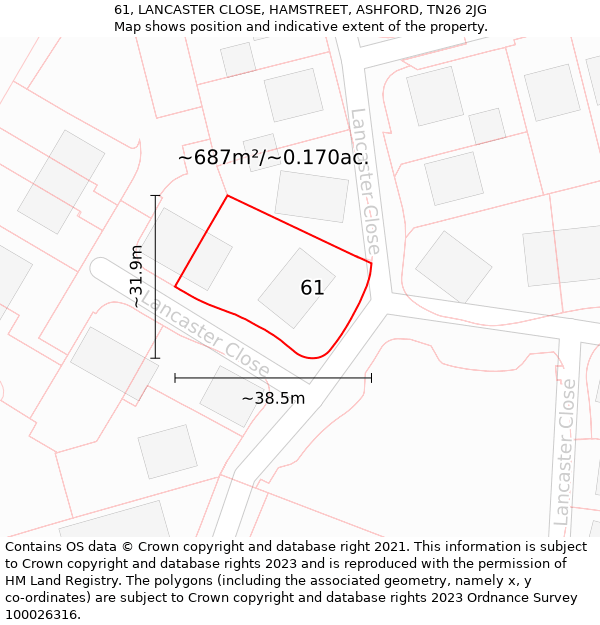 61, LANCASTER CLOSE, HAMSTREET, ASHFORD, TN26 2JG: Plot and title map