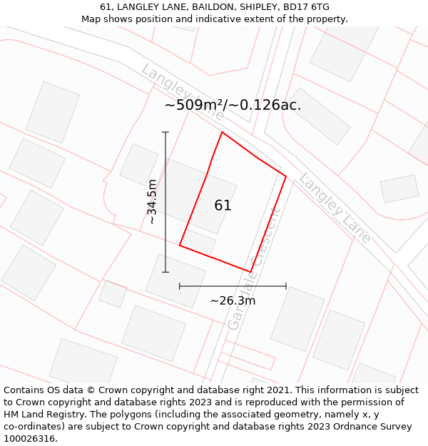 61, LANGLEY LANE, BAILDON, SHIPLEY, BD17 6TG: Plot and title map