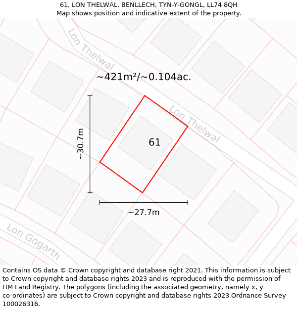 61, LON THELWAL, BENLLECH, TYN-Y-GONGL, LL74 8QH: Plot and title map