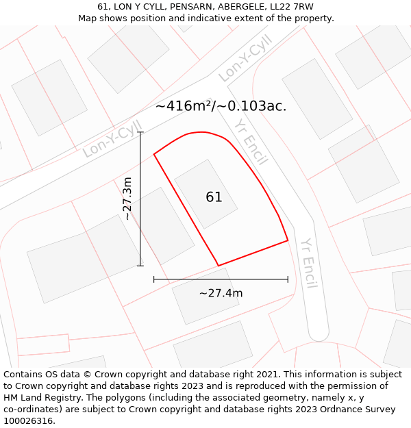 61, LON Y CYLL, PENSARN, ABERGELE, LL22 7RW: Plot and title map