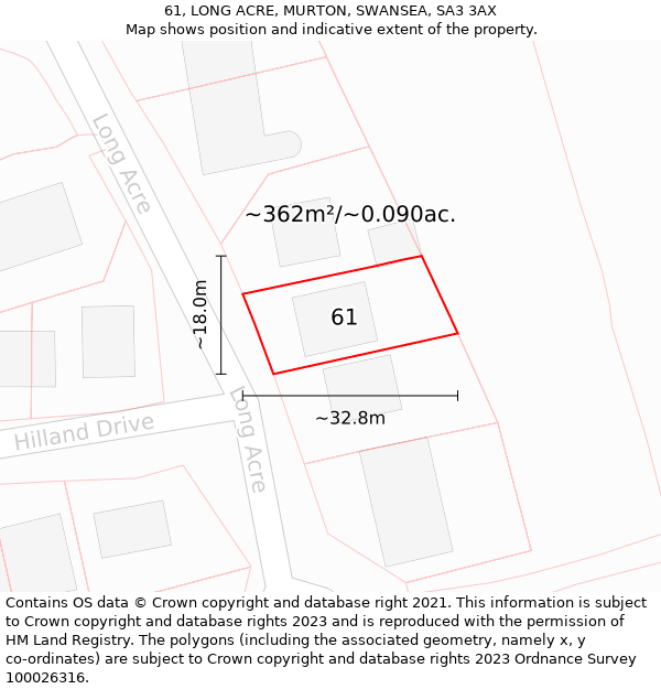 61, LONG ACRE, MURTON, SWANSEA, SA3 3AX: Plot and title map