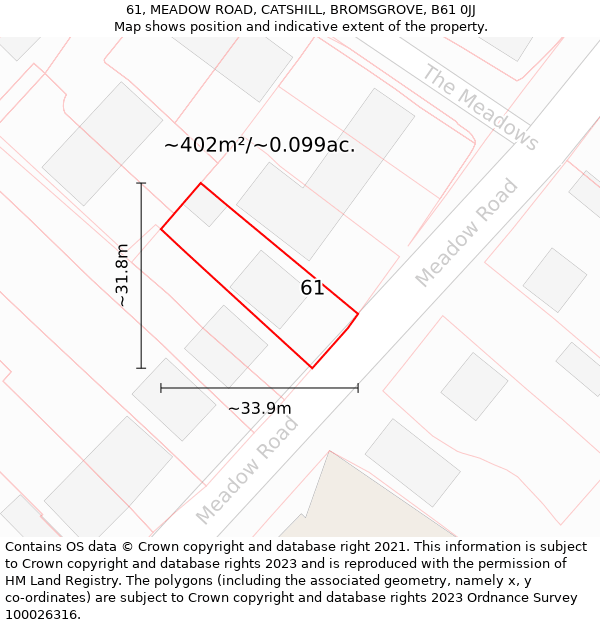 61, MEADOW ROAD, CATSHILL, BROMSGROVE, B61 0JJ: Plot and title map