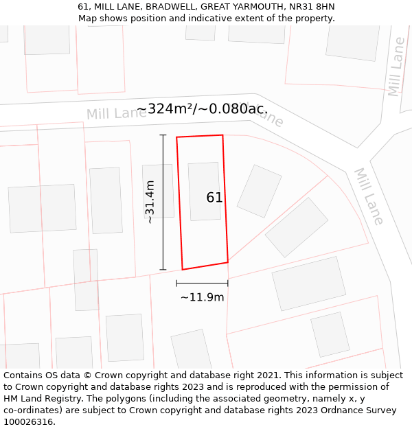 61, MILL LANE, BRADWELL, GREAT YARMOUTH, NR31 8HN: Plot and title map
