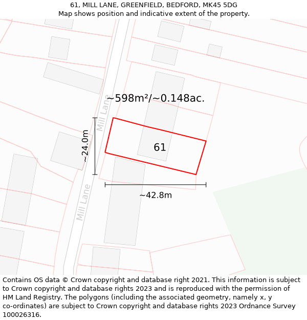 61, MILL LANE, GREENFIELD, BEDFORD, MK45 5DG: Plot and title map