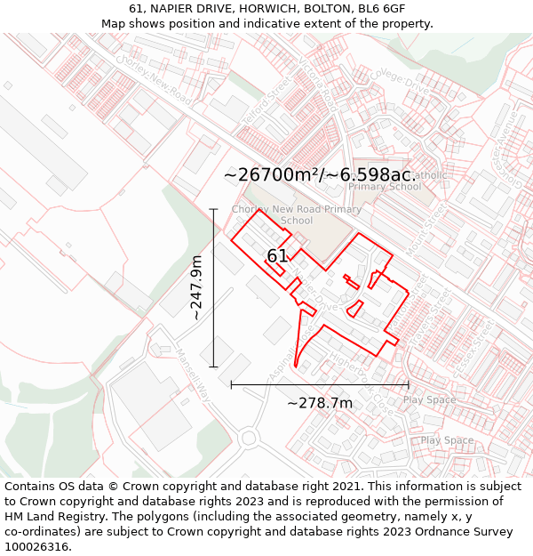 61, NAPIER DRIVE, HORWICH, BOLTON, BL6 6GF: Plot and title map