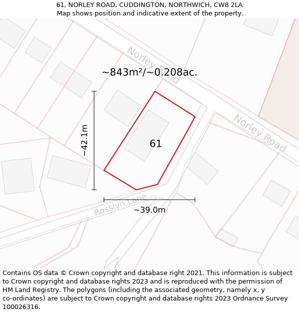 61, NORLEY ROAD, CUDDINGTON, NORTHWICH, CW8 2LA: Plot and title map