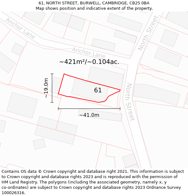 61, NORTH STREET, BURWELL, CAMBRIDGE, CB25 0BA: Plot and title map