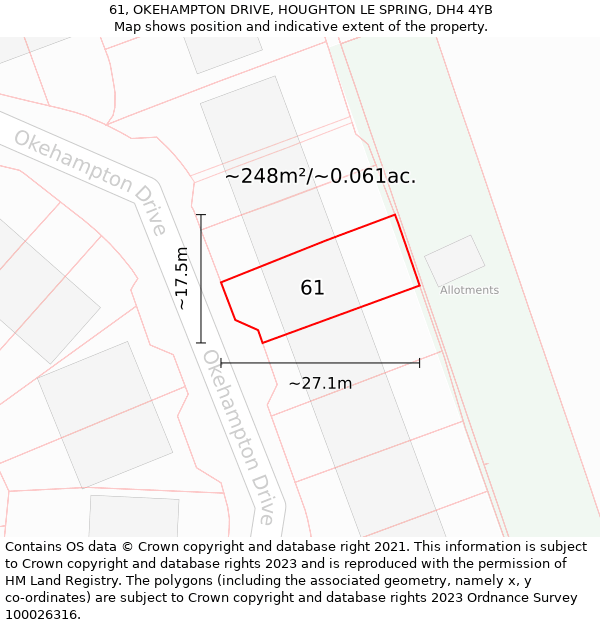 61, OKEHAMPTON DRIVE, HOUGHTON LE SPRING, DH4 4YB: Plot and title map