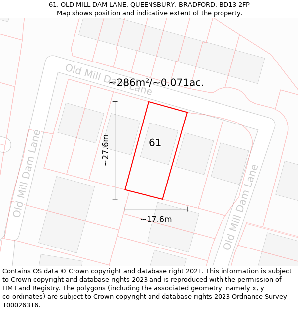 61, OLD MILL DAM LANE, QUEENSBURY, BRADFORD, BD13 2FP: Plot and title map