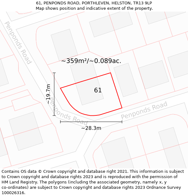 61, PENPONDS ROAD, PORTHLEVEN, HELSTON, TR13 9LP: Plot and title map