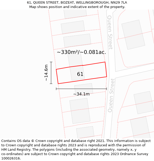 61, QUEEN STREET, BOZEAT, WELLINGBOROUGH, NN29 7LA: Plot and title map