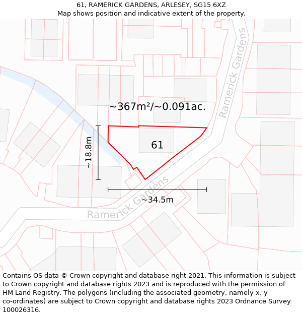 61, RAMERICK GARDENS, ARLESEY, SG15 6XZ: Plot and title map