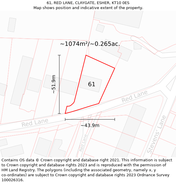 61, RED LANE, CLAYGATE, ESHER, KT10 0ES: Plot and title map