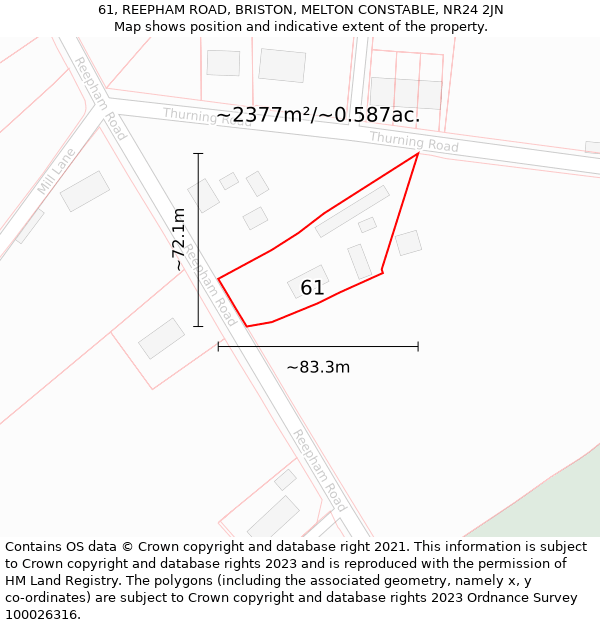 61, REEPHAM ROAD, BRISTON, MELTON CONSTABLE, NR24 2JN: Plot and title map