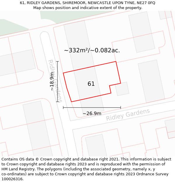 61, RIDLEY GARDENS, SHIREMOOR, NEWCASTLE UPON TYNE, NE27 0FQ: Plot and title map