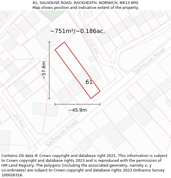 61, SALHOUSE ROAD, RACKHEATH, NORWICH, NR13 6PD: Plot and title map