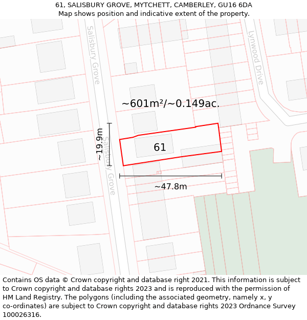 61, SALISBURY GROVE, MYTCHETT, CAMBERLEY, GU16 6DA: Plot and title map