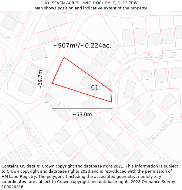 61, SEVEN ACRES LANE, ROCHDALE, OL12 7RW: Plot and title map