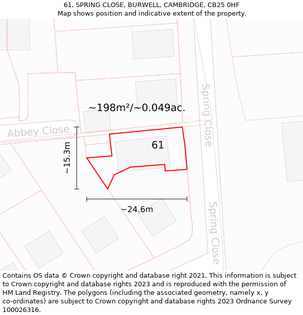 61, SPRING CLOSE, BURWELL, CAMBRIDGE, CB25 0HF: Plot and title map